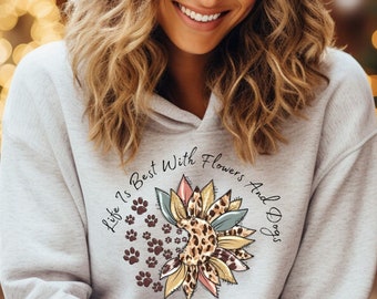 Dog Lover Hoodie: Sunflower & Paw Print Graphic - Womens Sweatshirt