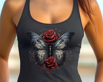 Gothic Butterfly Racerback Tank Top: Dark Academia Rose Shirt