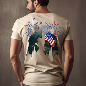 American flag Sasquatch- American flag- sasquatch with American flag-Mens bigfoot tshirt- mens plus size bigfoot fireworks tee-4th of july