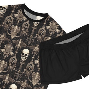 dark academia gothic Women&#39;s Short Pajama Set gothic skulls and roses pajamas Victorian gothic pajama set gothic rose tee womens gothic pjs