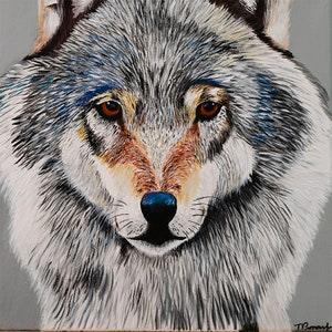 May include: A close-up painting of a wolf's face. The wolf has a white and gray coat with brown markings around its eyes and nose. The wolf's eyes are brown and its nose is black with a blue highlight.