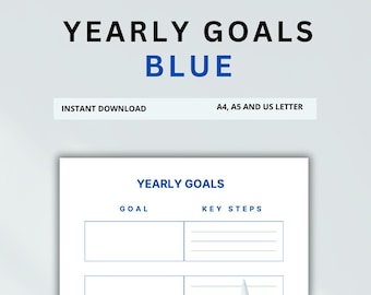 Yearly goals on a page digital download. Blue. PDF. A4, A5 & US Letter. Write down your key goals for 2024 and the first four key steps.