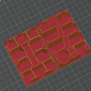 Pode incluir: Dois layouts de edifícios impressos em 3D, vermelhos e castanhos. Os layouts são divididos em quartos e corredores, com paredes castanhas e pisos vermelhos. Os desenhos estão em um fundo de grade cinza.