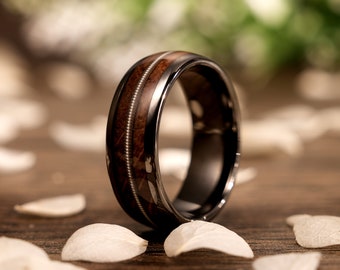 Guitar String & Whiskey Barrel Ring, Guitar String Ring, Wooden Inlay Band, Whiskey Barrel Ring, Ring For Him, Personalized wedding ring