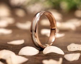 Mother of Pearl Gold Tungsten Wedding Ring, Band 4mm, Rose Gold Minimalist Stackable Wedding Ring, Anniversary Ring, Gift For Her