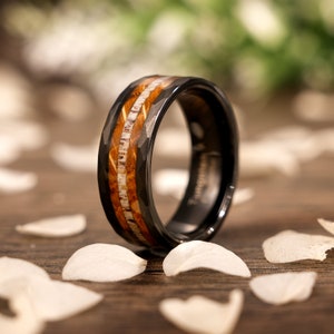 Deer Antler & Burnt Whiskey Barrel Wood Wedding Ring for Men Black Hammered Tungsten, Personalized Wooden Wedding Ring for Men, Antler Ring