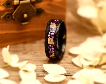 Black Hammered Damascus Steel Ring with Meteorite and Gold Foil Purple Opal, 8mm Rings, Men's Personalized Wedding Ring, Anniversary Gift