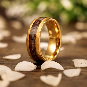 Deer Antler & Charred Whiskey Barrel Wood Mens Wedding Ring Black Hammered Tungsten, Mens Personalized Wooden Wedding Band, Antler Ring