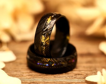 Black Hammered Damascus Steel Ring,  Meteorite and Gold Foil, Ring with 8mm, Men's Wedding Ring, Damascus Steel Ring, Men's Engagement Ring