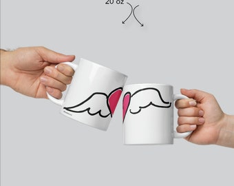 White glossy mug with Pink winged heart, Winged Heart Mug, White Mugs, Handmade Ceramic Mugs, Fun Coffee Mugs, Love Coffee Mug, Tea mug