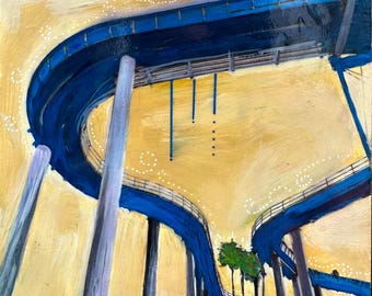 Logger’s Revenge #2, Santa Cruz Beach Boardwalk: 6”x6” original art, mixed-media on a wood panel.