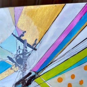 May include: Abstract painting with a geometric design featuring a power pole with wires, a white background, and bright colors including gold, pink, blue, green, and orange.