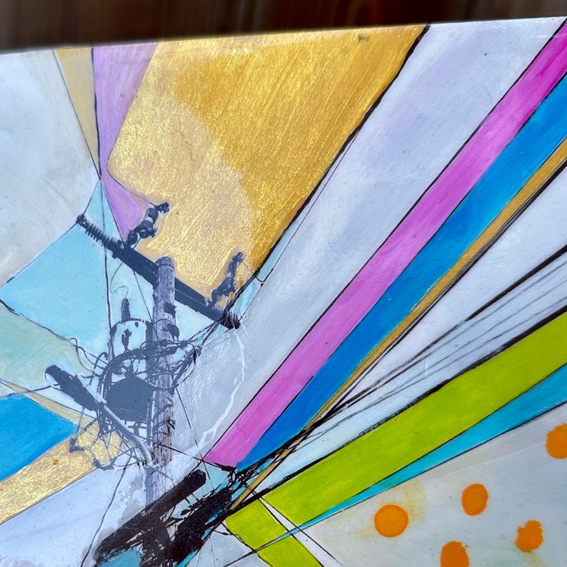May include: Abstract painting with a geometric design featuring a power pole with wires, a white background, and bright colors including gold, pink, blue, green, and orange.