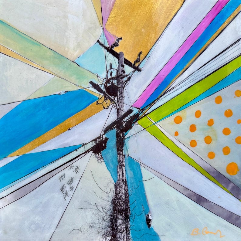 May include: Abstract painting of a utility pole with colorful geometric shapes and lines. The pole is surrounded by a network of wires and cables. The background is a light blue with hints of yellow, pink, and green.