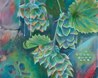 Hops painting 18x18x1.5 Original Art, acrylic painting, Hops cones, plant leaves