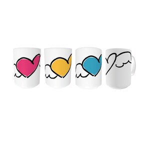 May include: Set of four white ceramic mugs with black outlines of hearts with wings. The hearts are filled with pink, yellow, blue, and white.