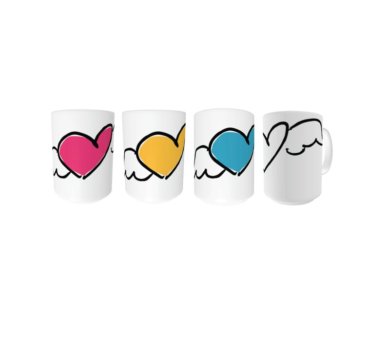 May include: Set of four white ceramic mugs with black outlines of hearts with wings. The hearts are filled with pink, yellow, blue, and white.