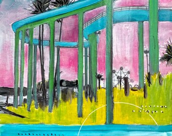 Water ride, Logger’s Revenge #1: 6”x6” original art, mixed-media on a wood panel.