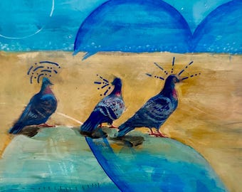 Capitola Coffee Klatch: obra de arte original de 6” x 6”, técnica mixta sobre panel de madera, inspirada en una foto que tomé en el malecón de Capitola.