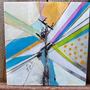 May include: Abstract painting of a utility pole with power lines and birds, against a background of colorful geometric shapes and polka dots.
