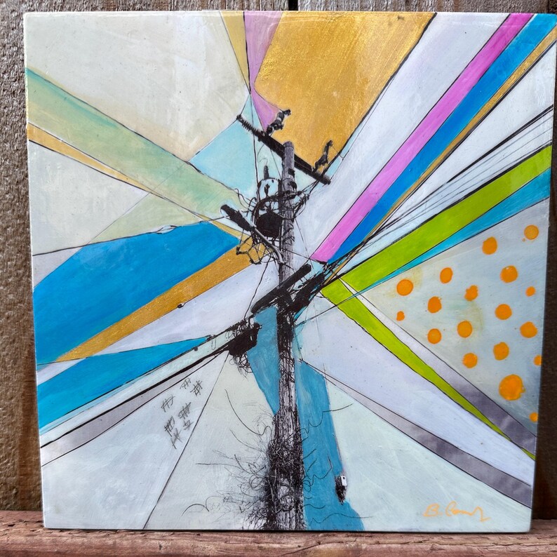 May include: Abstract painting of a utility pole with power lines and birds, against a background of colorful geometric shapes and polka dots.
