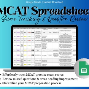 Könnte beinhalten: Ein Laptop-Bildschirm zeigt eine Google Sheets-Tabelle mit dem Titel "MCAT Spreadsheet Score Tracking & Question Review". Die Tabelle ist in Spalten mit Überschriften wie "Fach", "Thema", "Schwierigkeit", "Prüfung", "Frage", "Richtige Antwort", "Meine Antwort", "Erklärung", "Referenz", "Prüfungsressourcen" und "Notizen" organisiert. Die Tabelle soll Schülern helfen, ihre MCAT-Übungsprüfungswerte zu verfolgen und verpasste Fragen zu überprüfen.