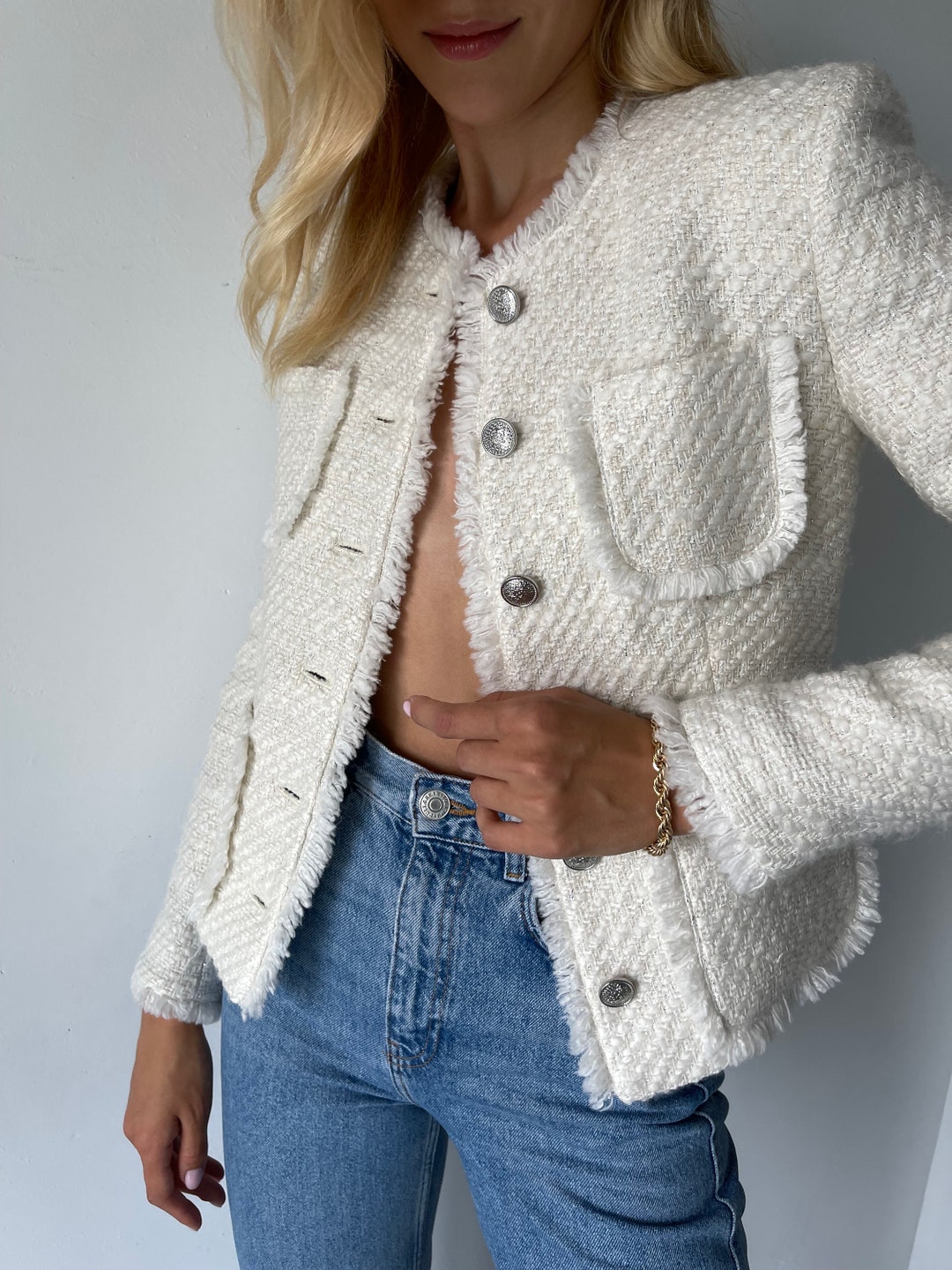 Chanel Vintage 1995 Barbie White Tweed Jacket 34 36 2 4 Coat