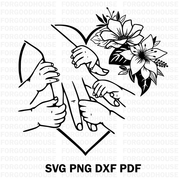 Mother with 5 child's hands svg, Holding hand svg, mom and baby svg, Mother day svg, mom and babies hands with flower svg, mom and kids svg