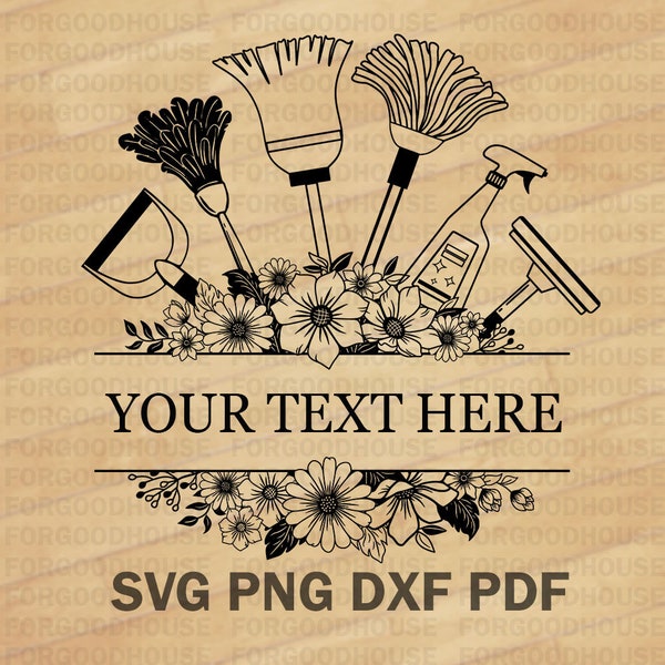 Cleaning tool svg, Cleaning service svg, cleaning tool frame for maid sign or maid logo, cleaning supplies with flower, housekeeping svg