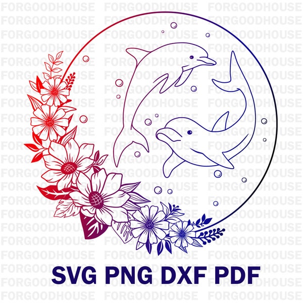 Delfin Blumenrahmen svg, Blumen Delphin svg, Seetier svg, Ozeantier svg, Delfin Wanddekor, Blumendelphin schnitt Datei, Delfinliebhaber