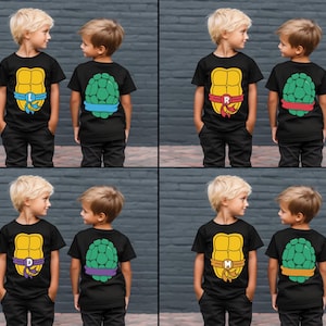 May include: Four pairs of children wearing black t-shirts with Teenage Mutant Ninja Turtles themed graphics. The shirts feature the characters' names and shell designs.