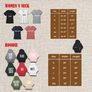 May include: A chart showing the size, width, and length measurements for women's V-neck shirts and hoodies. The chart includes sizes S, M, L, XL, 2XL, and 3XL. The shirts are available in colors such as black, white, sport grey, heather navy, and heather mauve. The hoodies are available in colors such as sport grey, black, pink, forest green, red, white, military green, and sand.
