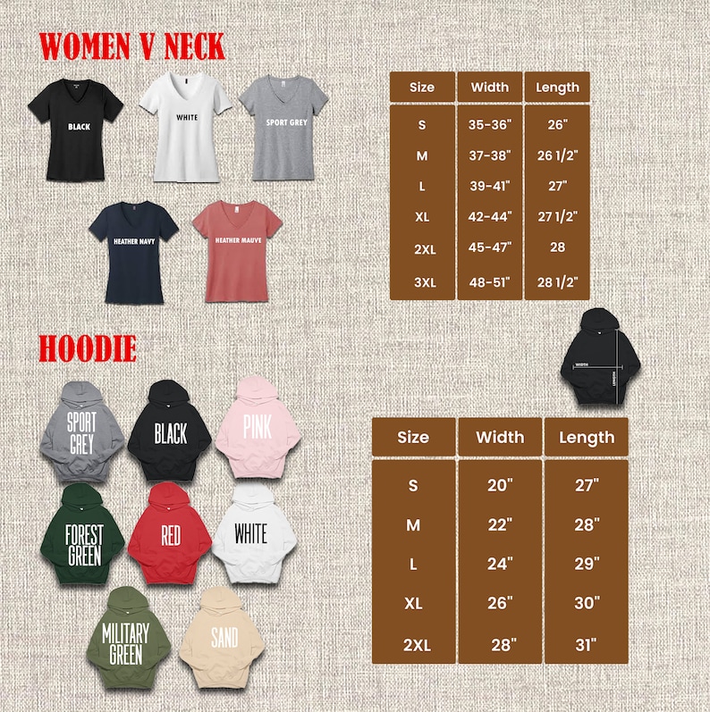 May include: A chart showing the size, width, and length measurements for women's V-neck shirts and hoodies. The chart includes sizes S, M, L, XL, 2XL, and 3XL. The shirts are available in colors such as black, white, sport grey, heather navy, and heather mauve. The hoodies are available in colors such as sport grey, black, pink, forest green, red, white, military green, and sand.