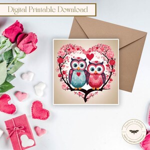 Tarjeta de felicitación imprimible de San Valentín o aniversario con forma de corazón y búho, 5 x 5 pulgadas, cuadrada, con mensaje en blanco, digital.