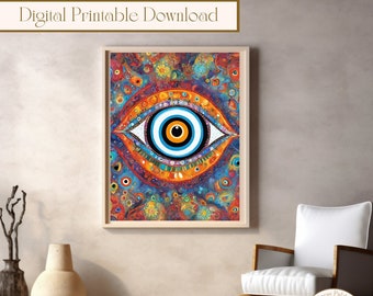 Printable Bohemian Evil Eye AI Wall Art, Evil Eye Digital Art, Digital Printable Download, Printable Wall Art Gift, Digital Wall Print