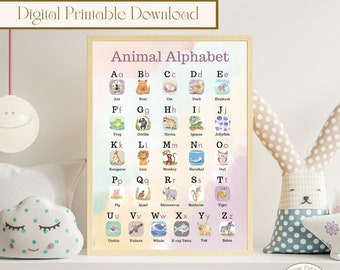 Printable Animal Alphabet Poster in Pink, Educational Digital Art, Digital Printable Download, Kids Printable Wall Art, Home Education Print