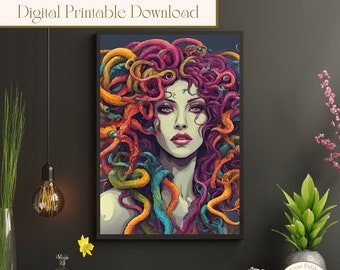 Printable Medusa Inspired AI Wall Art, Greek Mythology Digital Art, Digital Printable Download, Printable Wall Art Gift, Digital Wall Print