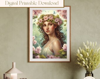 Printable Flower Maiden Oil Painting AI Wall Art, Spring Digital Art, Digital Printable Download, Printable Wall Art, Digital Wall Print