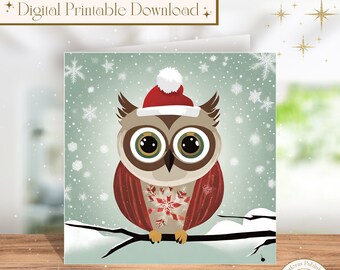 Printable Snowy Owl Christmas Card, 5x5in Square Christmas Card Printable, Digital Christmas Card, Printable Greeting Card, Print at Home