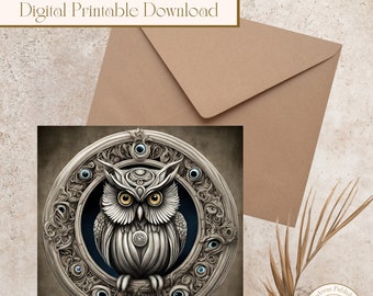 Printable Owl Greeting Card, 5x5in Square Blank Message Card Printable, Digital Greeting Card, Printable Greeting Card, Print at Home