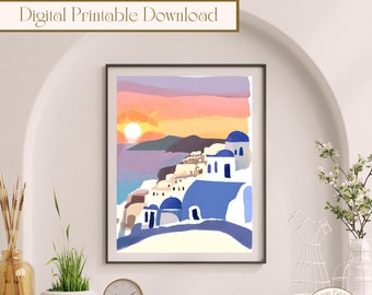 Printable Santorini Sunset Watercolour AI Wall Art, Greece Digital Art, Digital Printable Download, Printable Wall Art, Digital Wall Print