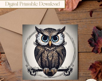 Printable Owl Greeting Card, 5x5in Square Blank Message Card Printable, Digital Greeting Card, Printable Greeting Card, Print at Home