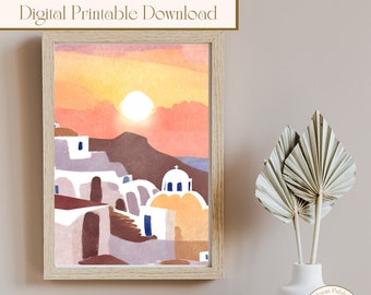Printable Santorini Sunset Watercolour AI Wall Art, Greece Digital Art, Digital Printable Download, Printable Wall Art, Digital Wall Print