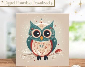 Printable Festive Owl Christmas Card, 5x5in Square Christmas Card Printable, Digital Christmas Card, Printable Greeting Card, Print at Home