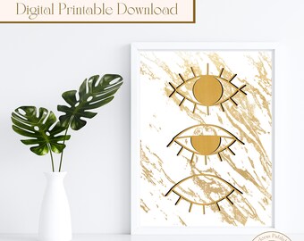 Printable Gold Evil Eye AI Wall Art, Triple Evil Eye Digital Art, Digital Printable Download, Printable Wall Art Gift, Digital Wall Print