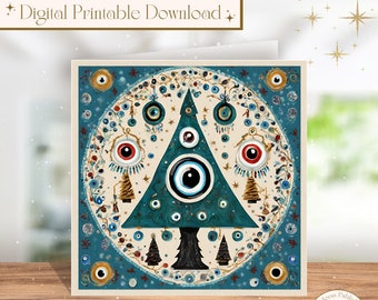 Printable Evil Eye Christmas Card, 5x5in Square Printable Christmas Card, Instant Digital Download, Printable Greeting Card, Print at Home