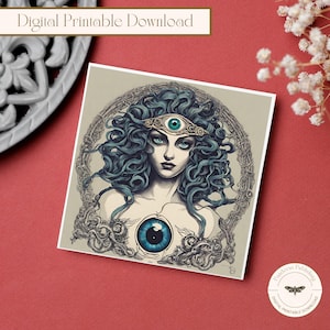 Tarjeta de felicitación de Medusa imprimible, tarjeta de mensaje en blanco cuadrada de 5 x 5 pulgadas, tarjeta de felicitación digital, tarjeta de felicitación imprimible, impresión en casa