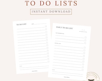 May include: Two printable to-do list templates, one with a simple design and the other with a section for top priorities. Both templates have checkboxes and lines for writing tasks. The text "TO DO LIST" and "DAILY TO DO LIST" is printed in brown on a white background.