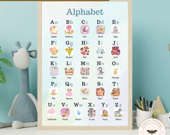 Printable English Alphabet Poster in Blue,Educational Digital Art, Digital Printable Download, Printable Wall Art, Home Education Wall Print