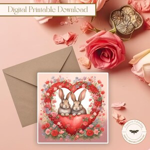 Tarjeta de felicitación imprimible de conejito para San Valentín o aniversario, 12,7 x 12,7 cm, cuadrada, con mensaje en blanco, digital, para San Valentín.